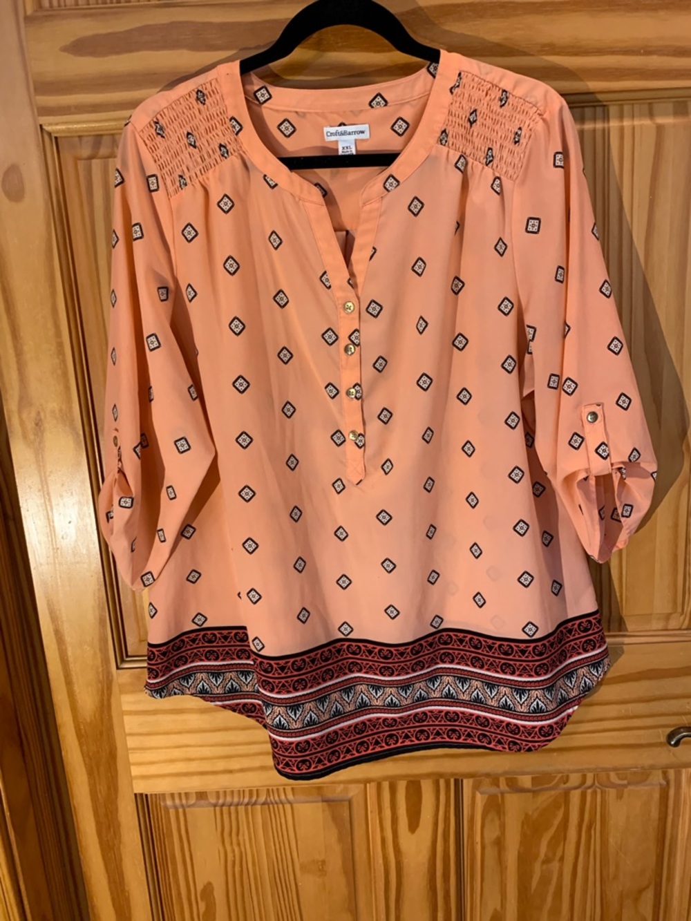 croft & barrow Peach Printed Split-Neck Tunic with Border Trim
